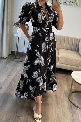 SEXY FLORAL MAXI DRESS SHORT SLEEVE BUTTONS FRONT