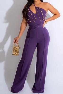SEXY SOLID JUMPSUIT SLEEVELESS BELTED OPEN BACK