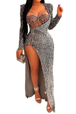 SEXY SOLID SET MAXI DRESS LONG SLEEVE SEQUINS