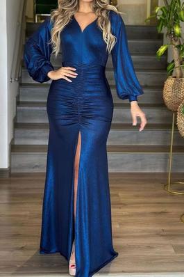 SEXY SOLID MAXI DRESS LONG SLEEVE FRONT OPEN