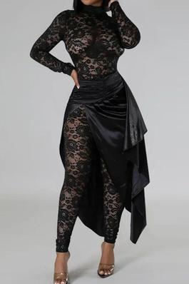 SEXY SOLID LACE SET LONG SLEEVE JUMPSUIT MAXI SKIRT