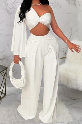 SEXY SOLID SET ONE LONG SLEEVE TOP LONG PANTS PLEATED