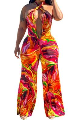 SEXY PRINTED JUMPSUIT SLEEVELESS BACKLESS NECK TIE