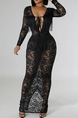 SEXY SOLID MAXI DRESS LACE FRINGE LONG SLEEVE BACK TIE