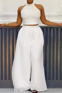 SEXY SOLID SET SLEEVELESS TOP LONG WIDE PANTS ZIP BACK