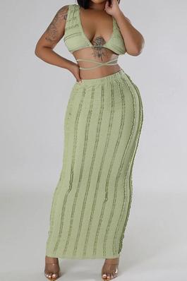 SEXY SOLID LACE SET TUBE TOP MAXI SKIRT BACK TIE