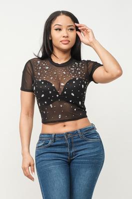 Mesh Round Neck Solid Front Jewels Studded  Top