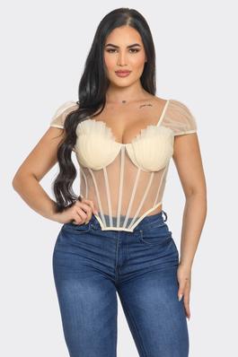 Mesh Front Pleated Tulle Detail Corset Style Top