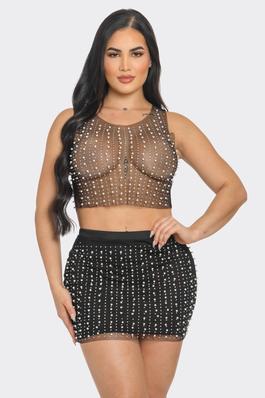  Mesh All Over Pearls Studs Top And Mini Skirt Set