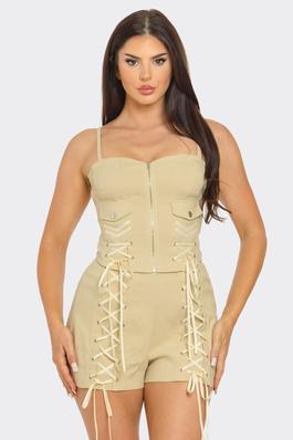 Front Zipper Lace Up Tie Top And Shorts Set 