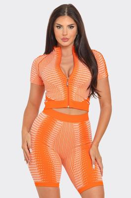 Seamless Front Zip Up Top And Shorts Set 