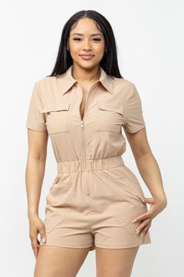 Front Zipper Side Pockets Detail Collared Romper