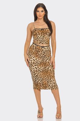 Cheetah Print Front Mini Ribbon Top And Skirt Set