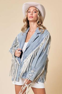 SNAP BUTTONS CLOSURE FRINGED HEAVY THICK DENIM JACKET