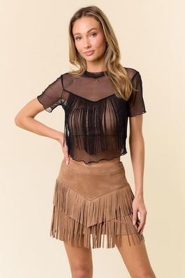 FAUX SUEDE FRINGED SKIRT