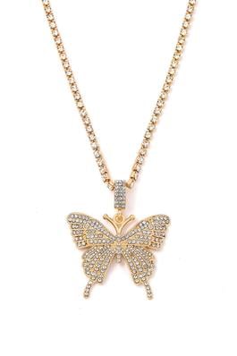 Pave Rhinestone Butterfly Pendant Necklace