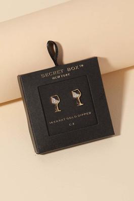 Secret Box Gold Dipped Cz Wine Glass Stud Earrings
