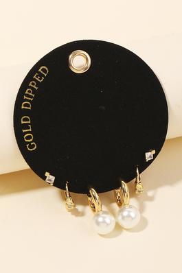 Gold Dipped Mixed Pearl Charm Hoop Earrings Set