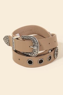 Etched Buckle Faux Leather Belt