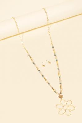 Metallic Flower Pendant Beaded Long Necklace Set