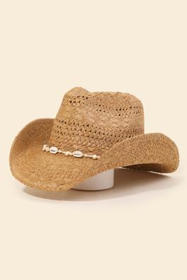 Straw Braid Cowrie Shell Cowboy Hat