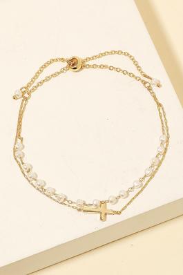 Cross Charm Pearl Beads Chain Bracelet