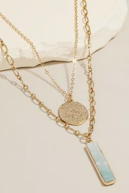Stone Bar And Metallic Coin Pendant Necklace