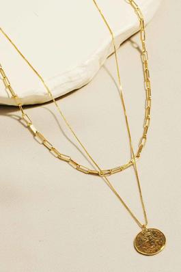 Gold Dipped Warped Coin Layered Chain Necklace