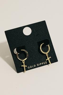 Gold Dipped Cross Charm Hoop Earrings