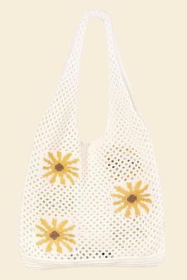 Floral Crochet Knit Tote Bag