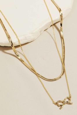 Snake Chain Layered Ribbon Bow Pendant Necklace