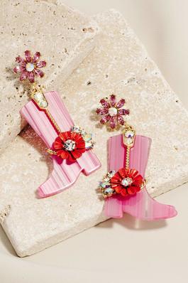 Acetate Rhinestone Flower Cowboy Boots Earrings