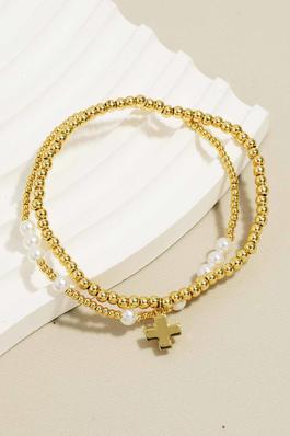 Gold Dipped Cross Charm Mixed Beaded Bracelet Set