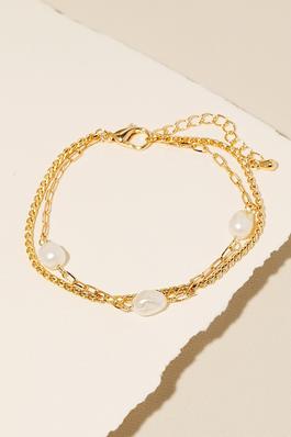 Pearl Bead Charms Layered Chain Bracelet
