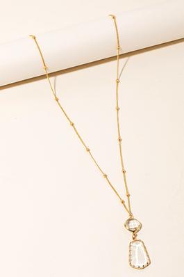 Double Rhinestone Gem Pendant Long Chain Necklace