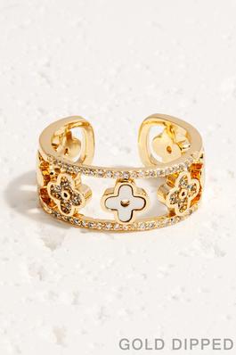 Gold Dipped Cz And Pearl Clovers Open Band Ring