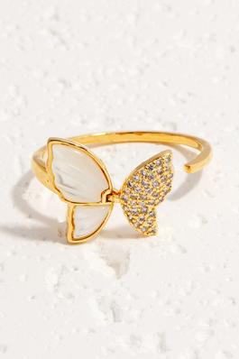 Cz Pave And Pearl Butterfly Open Band Ring
