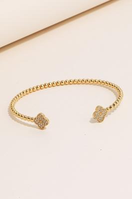 Double Cz Pave Clovers Solid Ball Bead Cuff Bracelet
