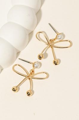 Pearl Stud Metallic Ribbon Bow Charm Dangle Earrings