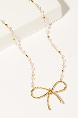Large Ribbon Pendant Pearl Bead Chain Necklace