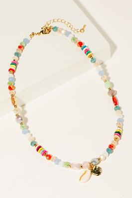 Puka Shell Pendant Mixed Beaded Chain Necklace