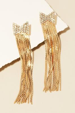 Pave Ribbon Bow And Chain Fringe Dangle Earrings