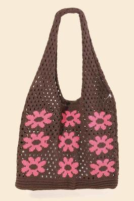 Multi Flower Crochet Knit Tote Bag