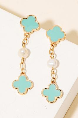 Clover And Fresh Water Pearl Dangle Chain Earrings