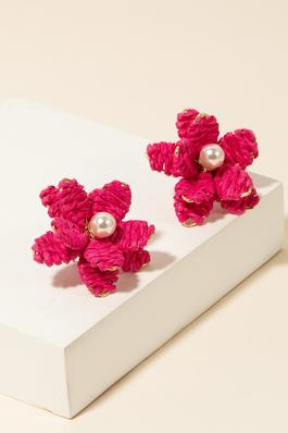 Ratan Flower Pearl Stud Earrings
