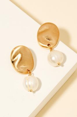 Brushed Metallic Oval And Pearl Charm Dangle Earrings