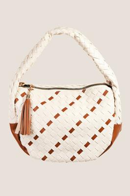 Faux Leather Basket Weave Semi Circle Bag