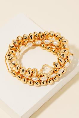 Clover Charm Pearl And Metallic Beaded Bracelet Set