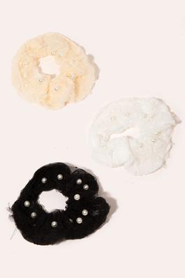 Three Piece Pearl Studded Scrunchie Set