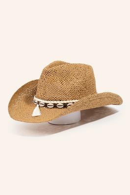 Boho Puka Shell Ribbon Paper Braided Fedora Hat